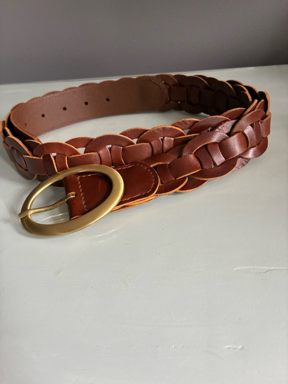 Patricia Nash Woven Leather Circles Brown Belt with Brass Buckle Size Large